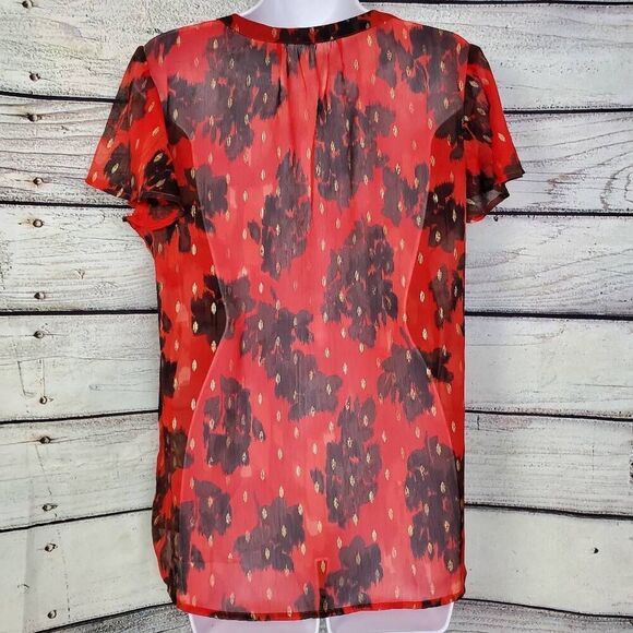 Maurices Red Semi-Sheer Floral Print Blouse Women’s M Short Sleeve Split Neck - Picture 4 of 7